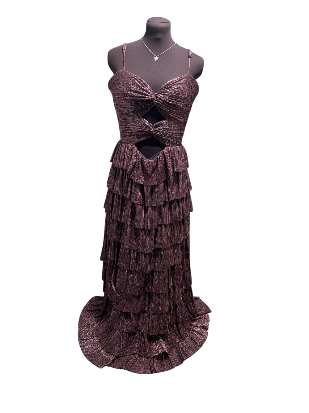 Gianni Bini Metallic Brown Tiered Ruffle Cutout Formal Gown Size 10 NWT Party